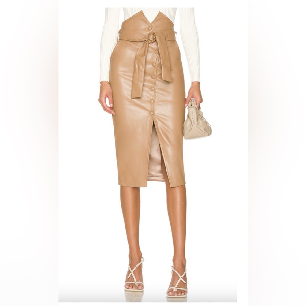 Bardot Tie Waist Skirt M Faux Leather Paperbag Button Front Pocket Slit Midi NWT